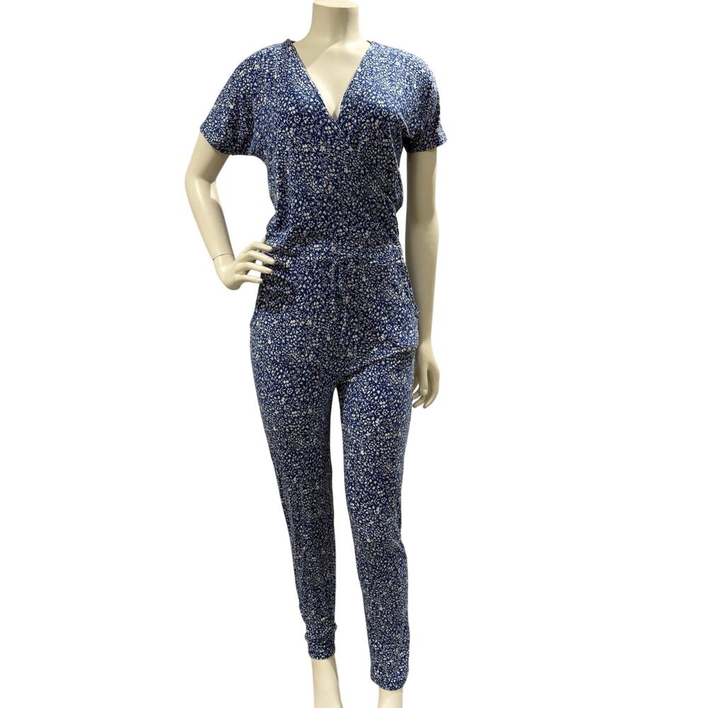 Boden Wrap Knit Romper Women Size 4R Pockets Blue Floral Drawstring Waist
